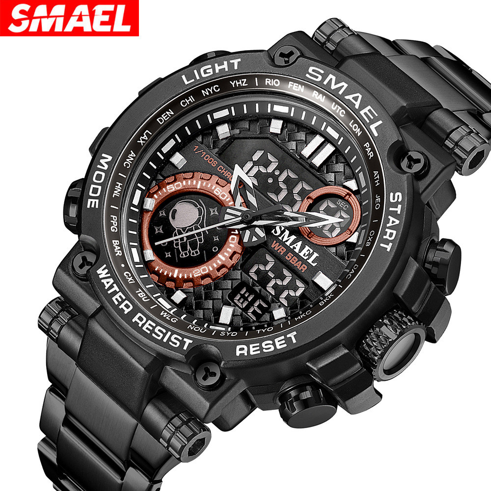 Smael SMAEL ในครัวเรือนสายเหล็กปฏิทินผู้ชาย Dual Time กันน้ํามัลติฟังก์ชั่นนาฬิกาควอทซ์อิเล็กทรอนิกส