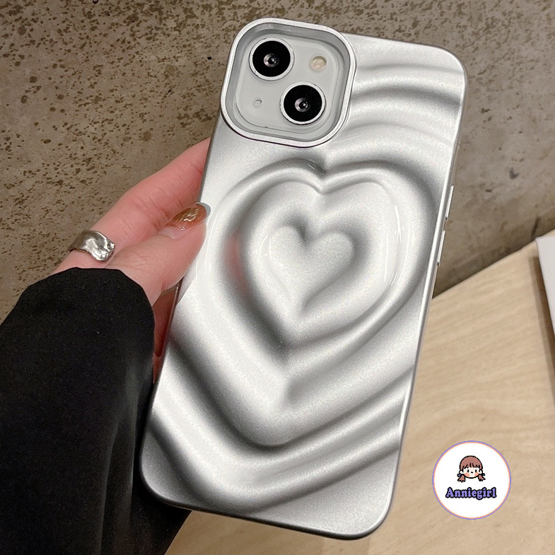 หรูหราเงิน 3D Love Heart Ripple เคสโทรศัพท์สําหรับ IPhone 11 17 16 14 15 Pro Max Air 12 13 ProMax Matte Scratch ทนทาน Anti-drop นุ่ม IMD โทรศัพท์ปกหลัง