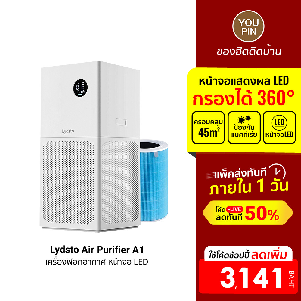 [ลดเหลือ 3141] Lydsto Air Purifier A1 เครื่องฟอกอากาศ หน้าจอ LED เชื่อมต่อผ่านแอป Lydsto -3M
