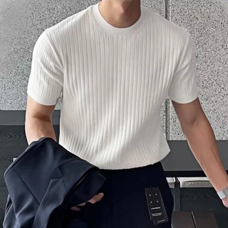 CLIFF ฤดูร้อน ผ้าไหมน้ำแข็ง ลายทาง แขนสั้น ผู้ชาย สไตล์เกาหลี เข้ารูป เสื้อยืด สีล้วน