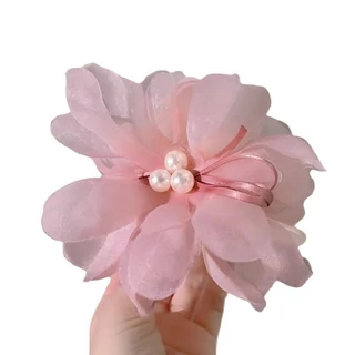 2025 กิ๊บติดผมดอกไม้ตาข่ายชีฟอง Elegant Pink Premium Shark Clip