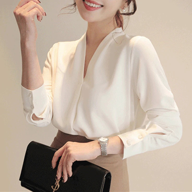 Surwenyue Office Lady Solid ฤดูร้อนเสื้อชีฟองสไตล์เกาหลี V คอบางเสื้อแขนยาวสีขาว 9382