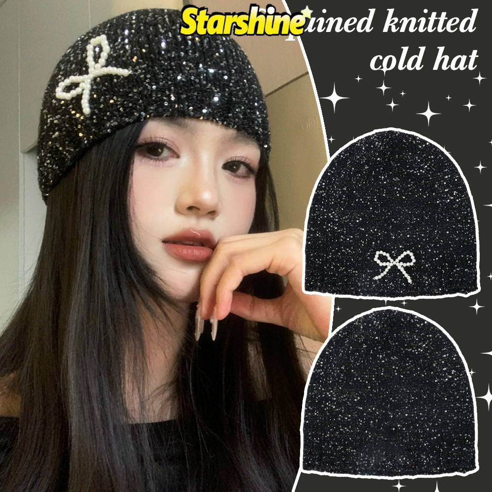 Sweet Sequined ถัก Cold Bonnet- อเนกประสงค์จําลอง Pearl Bow Brimless หมวก- แฟชั่น Y2K Street สไตล์หมวกอบอุ่นสีดํา