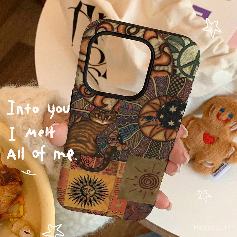 เคสมือถือเคสมือถือสำหรับ iPhone วินเทจ Sun Cat ภาพประกอบเคสฟิล์ม2-in-1เคสมือถือสำหรับ iphone16/15Pro 14/13/12/11Promax/XS jtgs