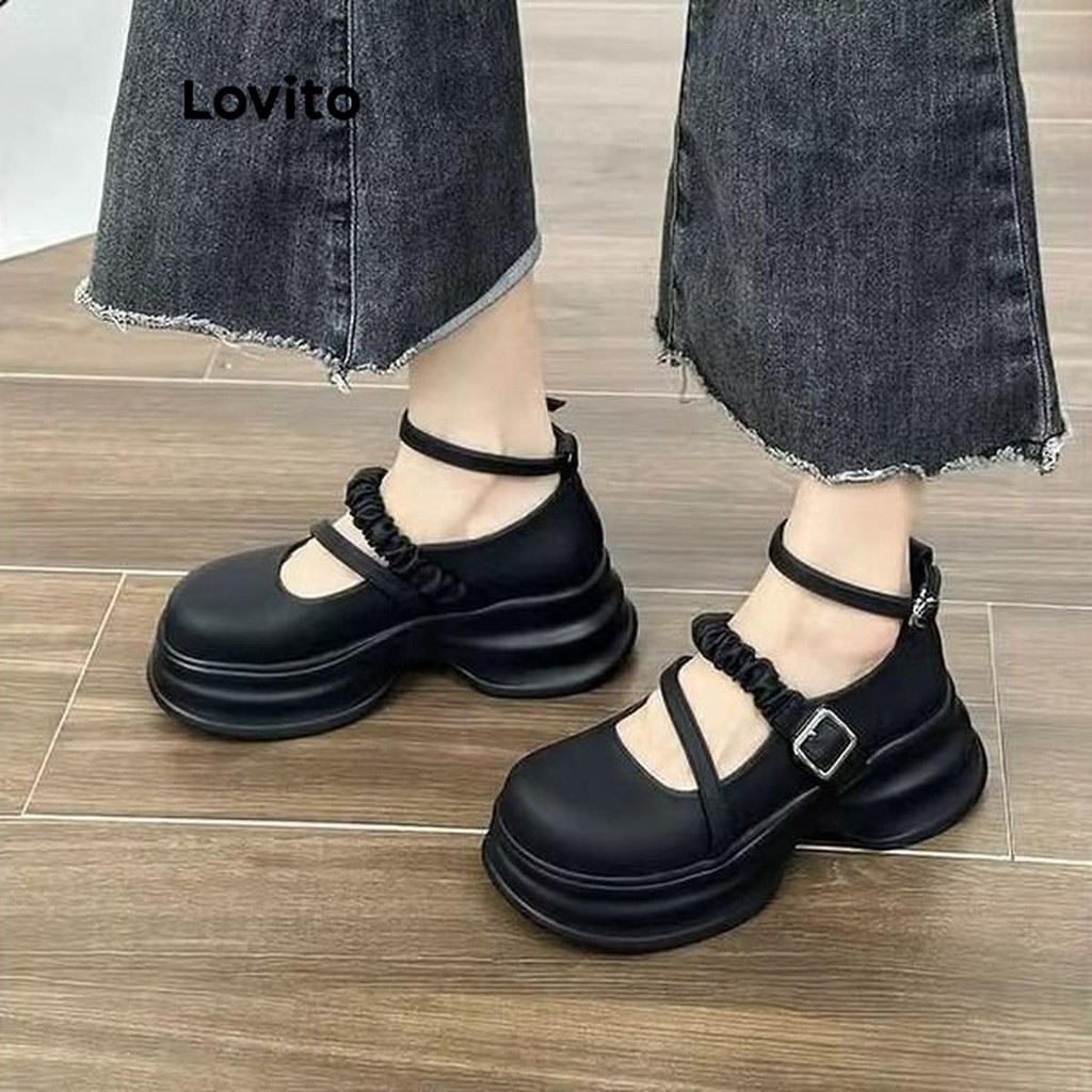 Lovito เดรสทรงแมรีเจน ทรงลำลอง พื้นหนา สไตล์เรโทรฝรั่งเศส ทรงหลวม ทรงพื้นนุ่ม สวมใส่สบาย สำหรับผู้หญิง LFA59226