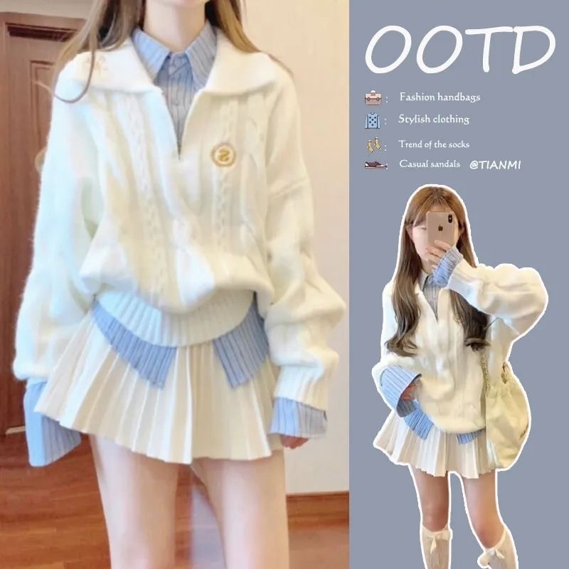 เสื้อกันหนาว ฤใบไม้ร่วงสไตล์ใหม่เวอร์ชั่นเกาหสไตล์อ่อนโยนสวมใส่กระโปรงผู้หญิงหวานหนึ่งชุด 2025 ถัก