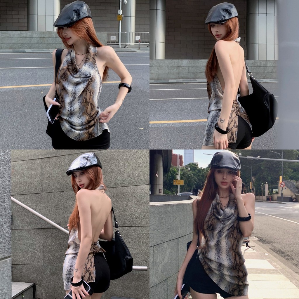 Anne เสื้อกล้าม คล้องคอ ดีเทลลายงูสีน้ำตาลเทา ผ้านิ่ม เสื้อแขนกุด ทรงสวย แฟชั่น เซ็กซี่ #FY2713