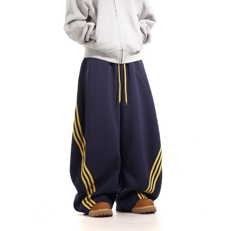 แพนโนเฟลซัส กางเกงขายาวผู้ชายสไตล์อเมริกันสตรีทลายทางสีตัดกันหลวมสบาย ๆ กางเกงกีฬาสไตล์เป็นกลาง