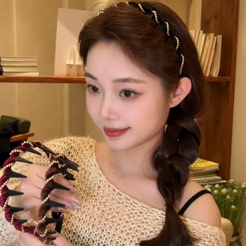 Retro Flocking Pearl Wave Headband หญิงสูง Skull Top Non-slip Hairband อุปกรณ์เสริมผม