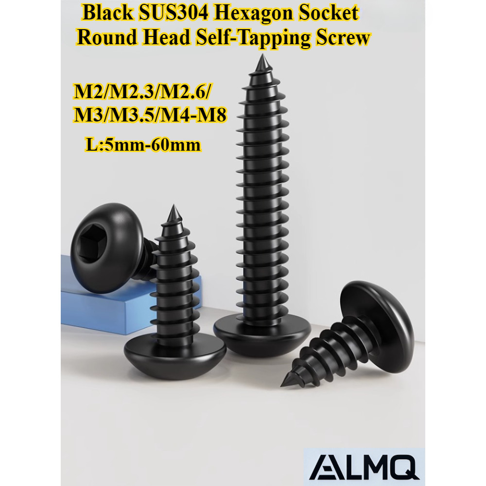 [LMQ-ZGLS] สีดํา SUS304, สกรูแตะตัวเองหัวกลมหกเหลี่ยม, M2/M2.3/M2.6/M3/M3.5/M4-M8, สกรูหางแฉก, ความยาว 5 มม.-60 มม.
