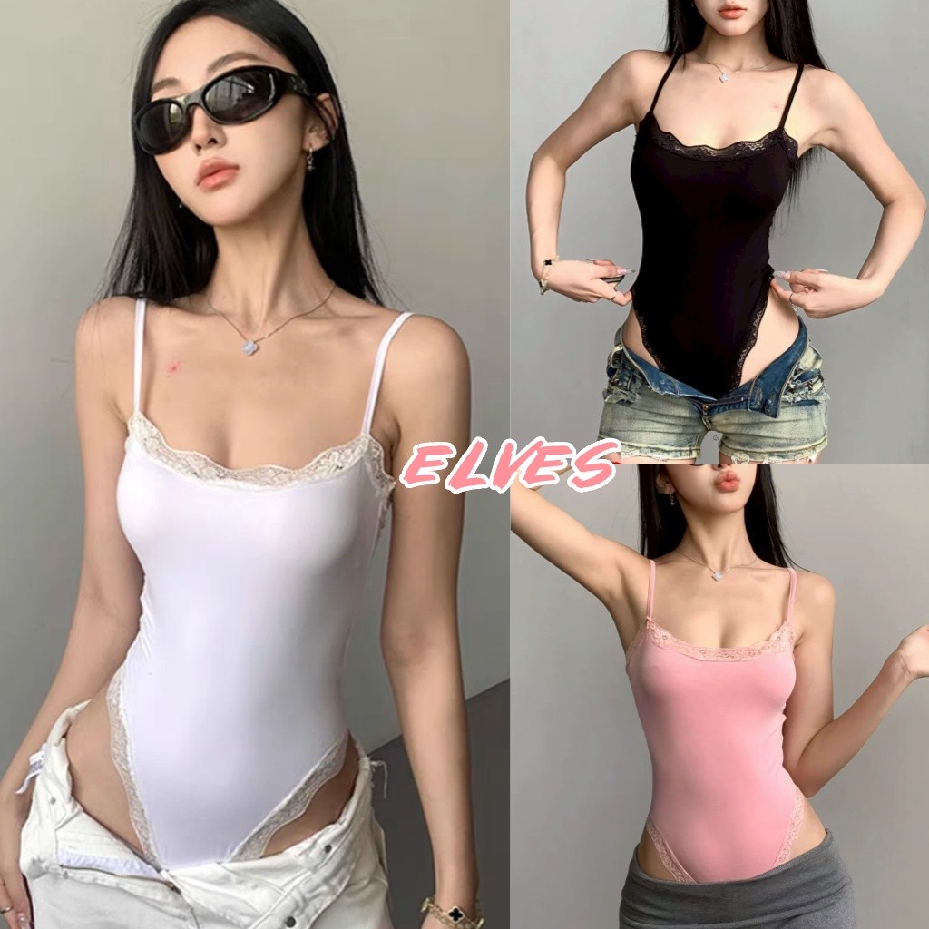Elves พร้อม💟 ชุดบอดี้สูท แต่งขอบลูกไม้ ยืดพอดี ทรงรัดตัว สีน่ารัก สีพื้น เสื้อแฟชั่น สไตล์เกาหลี"FY9333"