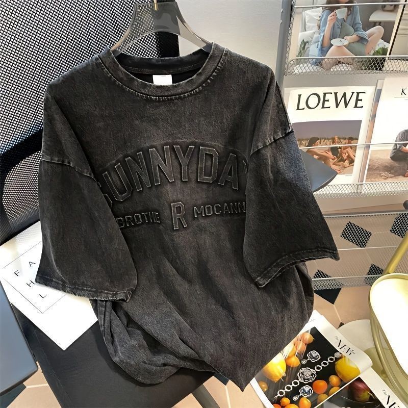 (จัดส่งตลอด 24 ชั่วโมง)เสื้อยืดแขนสั้น ทรงหลวม พิมพ์ลายตัวอักษร สไตล์ฮิปฮอป สตรีท อเมริกัน ย้อนยุค สําหรับผ