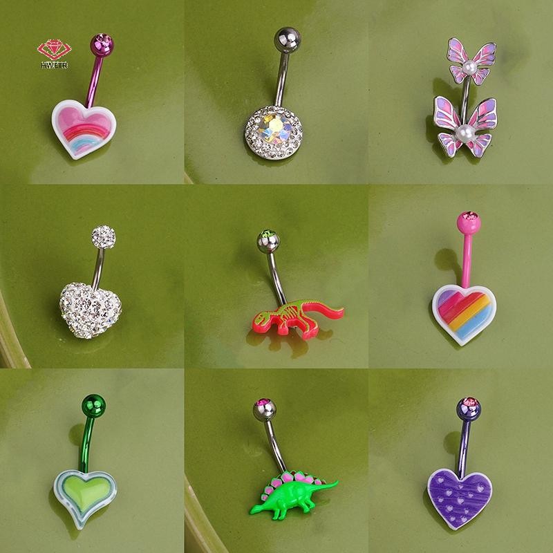 HWETR แหวนสะดือหวานเพทายหัวใจสตรอเบอร์รี่ปุ่มท้องแหวนสําหรับผู้หญิงเจาะตกแต่งวันหยุดพักผ่อนชายหาดเครื่องประดับใหม่