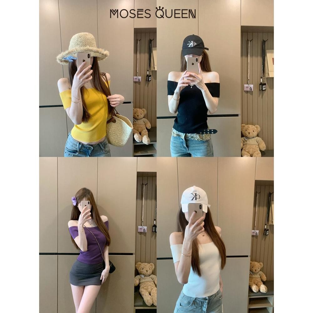 Moses Queen Hot Girl สไตล์ไหล่เดียวแขนสั้นถักเสื้อยืดผู้หญิงฤดูใบไม้ผลิ Slim บางสีเหลืองสั้นด้านบน #59954