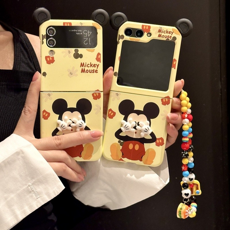 SAMSUNG LUKENเคสโทรศัพท์สําหรับSamsung Galaxy Z Flip 7 6 5 4 3 OPPOค้นหาN2 Flip N3 Flipน่ารักMickey PCปกหลังหูและโซ่สําหรับFlip3 Flip4 Flip5 Flip6 Flip7 N2Flip N3 Flip