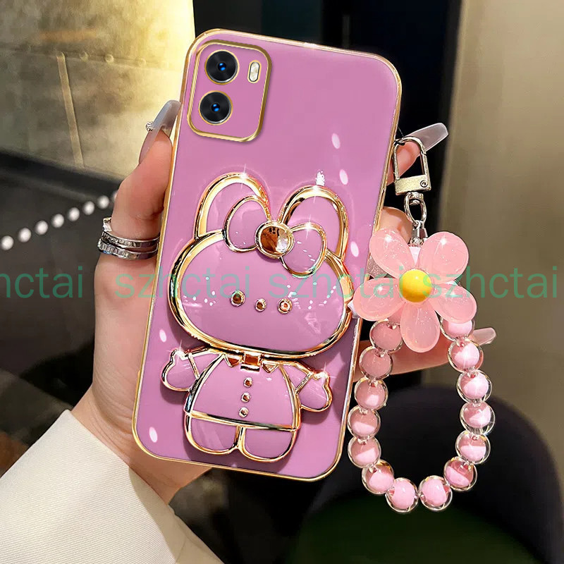 ปลอก vivo Y15S Y15A Y01 เคสโทรศัพท์ TPU 3D กระต่ายเครื่องสําอางกระจกแต่งหน้าขาตั้ง Ultra Thin Electroplated Soft Case Shock Protection Case พร้อมสร้อยข้อมือ
