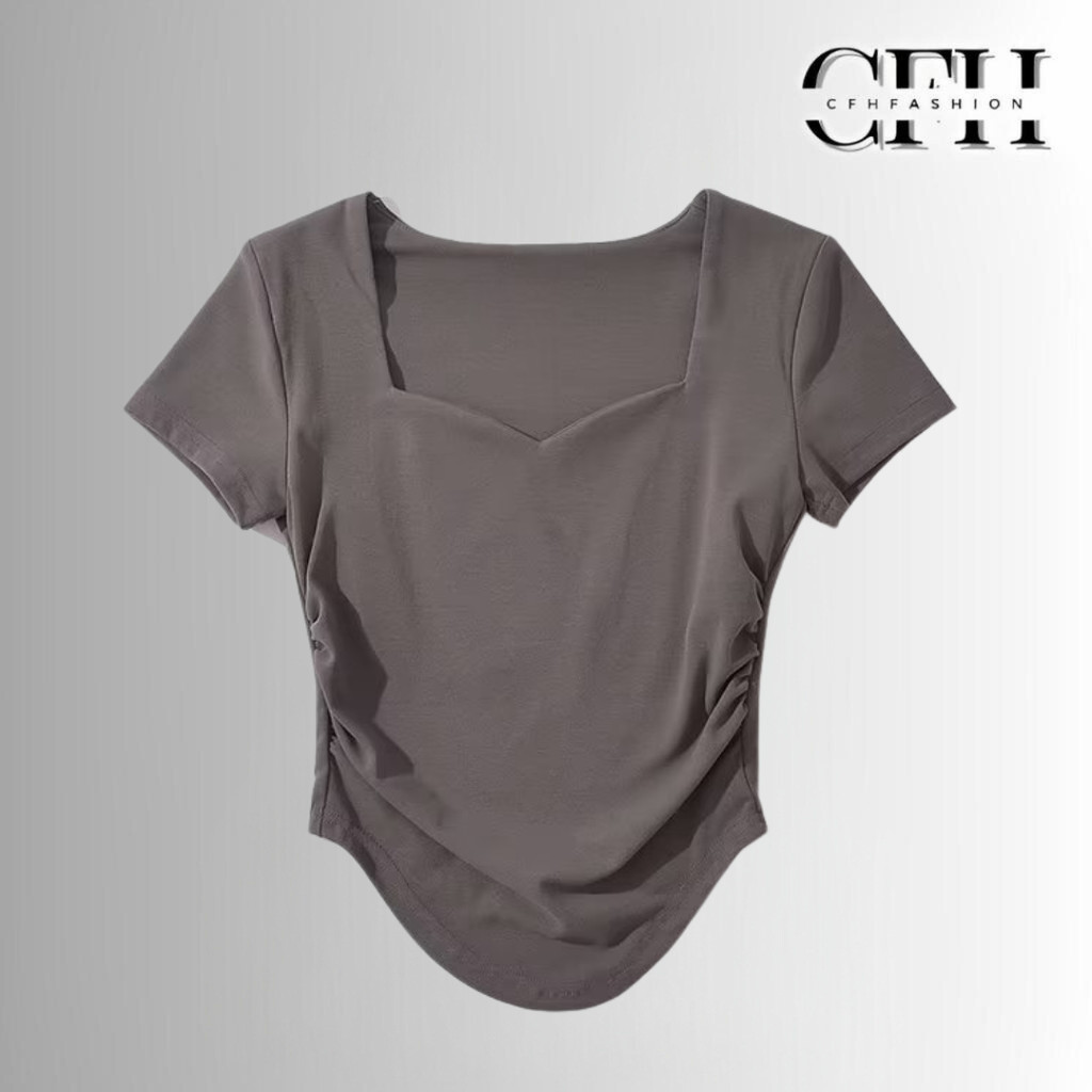 CFH เสื้อยืดสแปนเด็กซ์เกาหลีผู้หญิงแขนสั้นคอสี่เหลี่ยมสลิมฟิตเสื้อยืด BJ1667