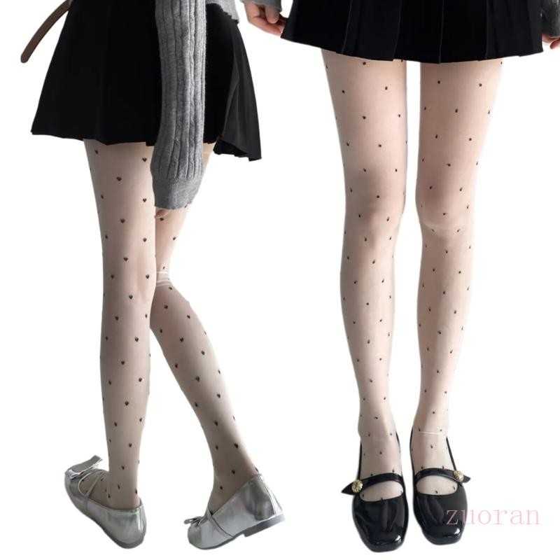 ZUO ผู้หญิงดูผ่านถุงน่องผ้าไหม Vintage Heart Bowknot Jacquard เลกกิ้ง Tights