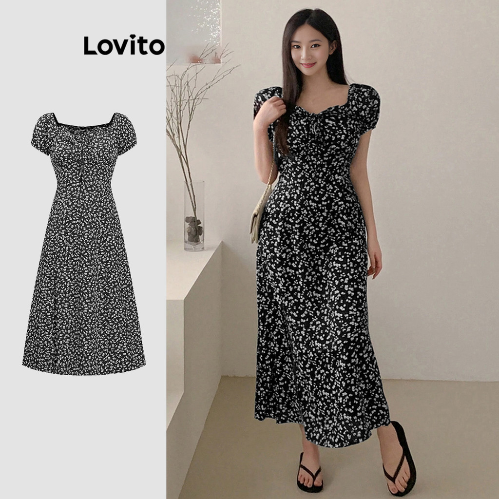 Lovito เดรสผู้หญิง ลายดอกไม้ สไตล์หรูหรา L90AD063