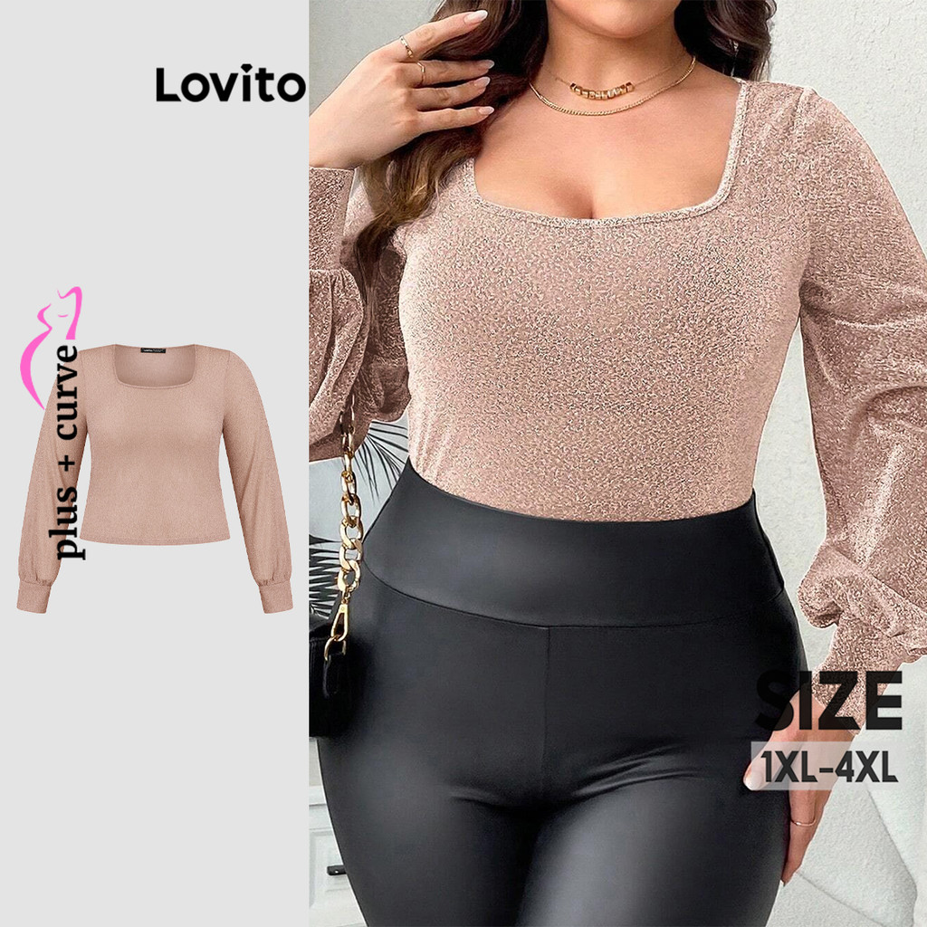 Lovito เสื้อแขนยาวสาวอวบ เรืองแสง แต่งกลิตเตอร์ แขนบิช็อป สีพื้น สไตล์เซ็กซี่ LBL12212