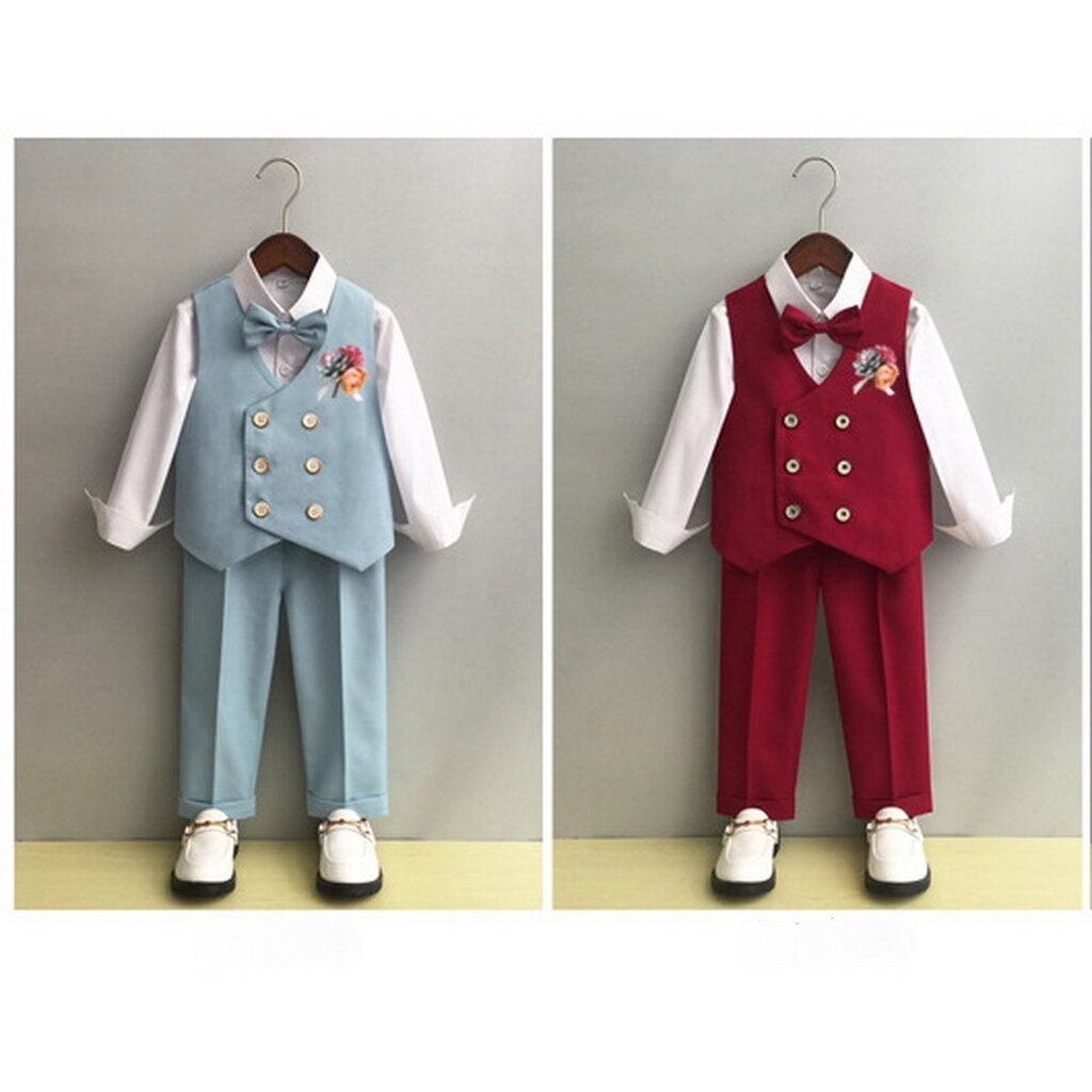 Bset0128- ชุดสูทเด็กชาย 4ชิ้น ทรงสวยดูดี มีเสื้อกั๊ก+กางเกง+โบว์+เข็มกลัดดอกไม้ เนื้อผ้าสวย ใส่สบาย ขนาดชุด +ดูเพิ่ม …