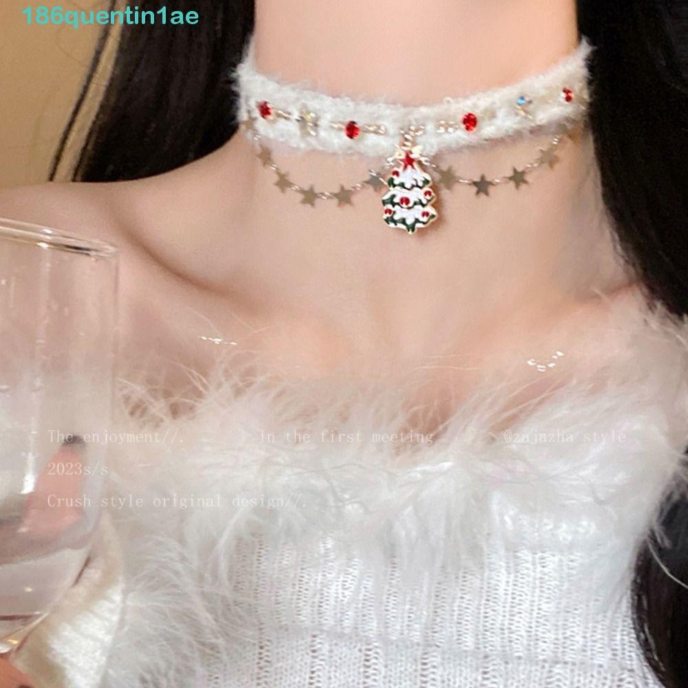 Quentin1ae Snowflake Rhinestone สร้อยคอ, Santa Claus Bow จี้คริสต์มาส Plush Choker, Elegant คอเครื่องประดับคริสตัลต้นคริสต์มาส Xmas Clavicle Chain ของขวัญคริสต์มาส