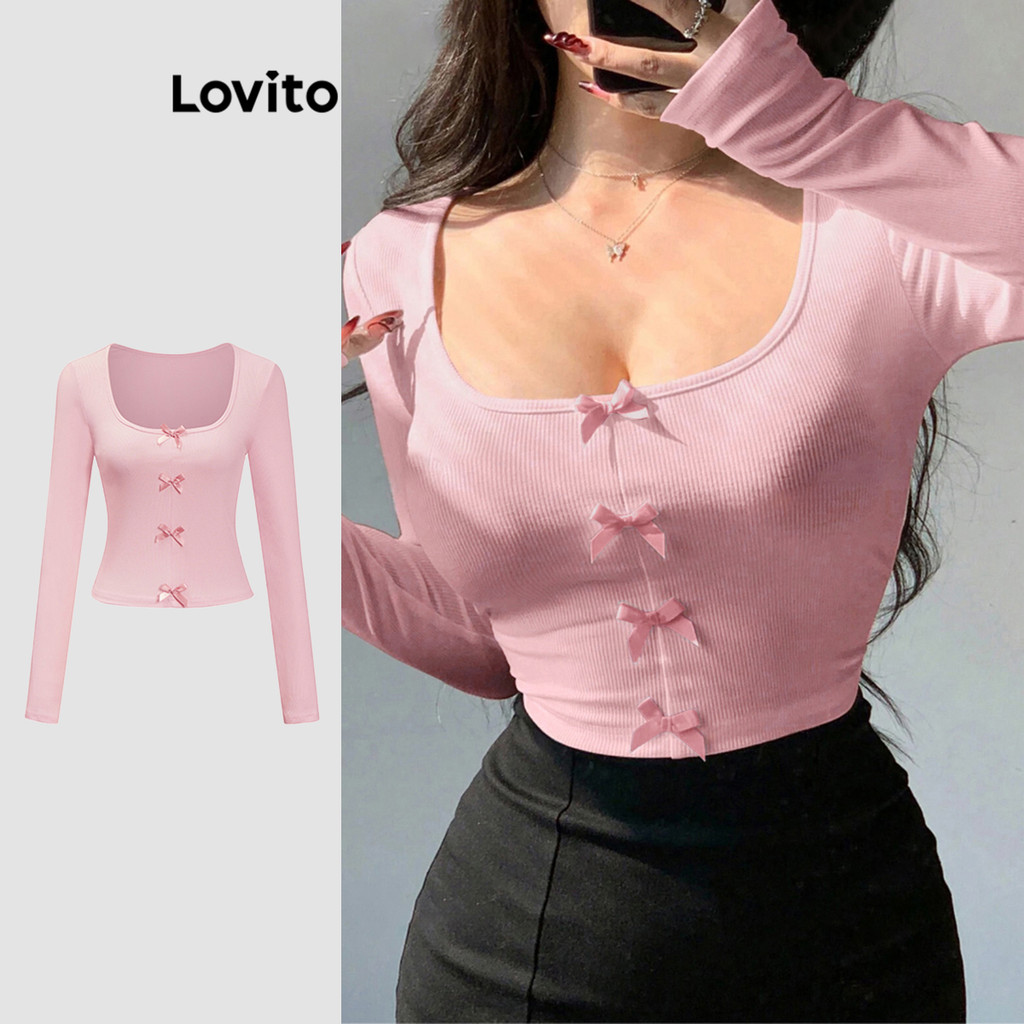 Lovito เสื้อยืดผู้หญิง แต่งโบว์ สีพื้น สไตล์หรูหรา L95ED339