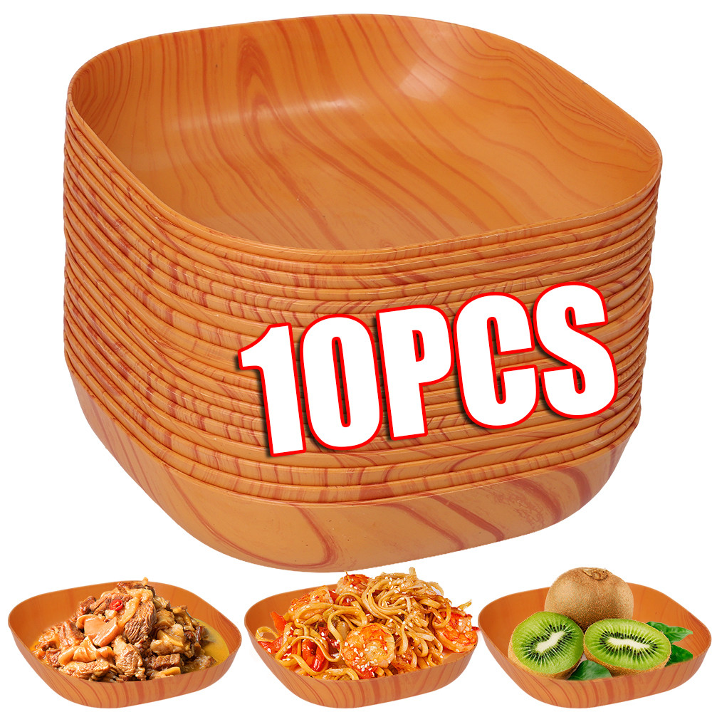10ชิ้นเลียนแบบลายไม้จานอาหารค่ําพลาสติก-ถาดสี่เหลี่ยมสําหรับขนมขนมขบเคี้ยวผลไม้-อาหารเย็นในครัว