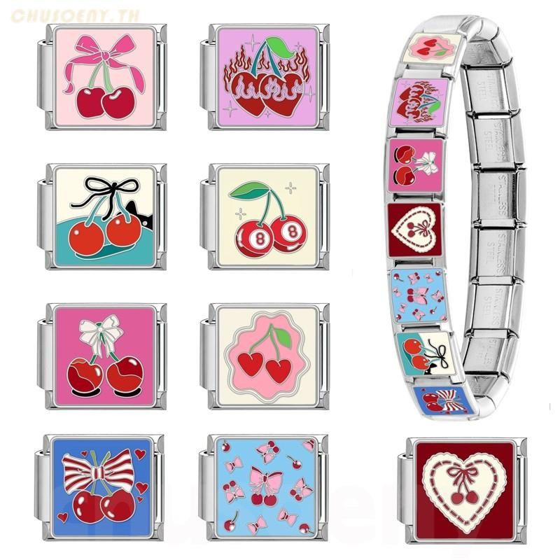 ยอดนิยมรักสีชมพูเชอร์รี่อิตาเลี่ยน Charm Links Fit 9 มม.สร้อยข้อมือสแตนเลสทําเครื่องประดับ