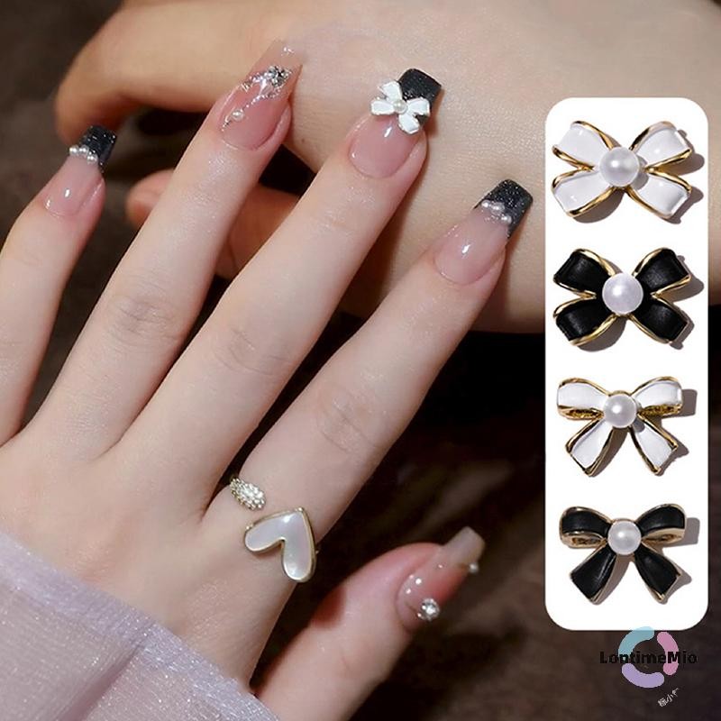 Lontimemio] 10PCS Vintage Simple Mini Bow Tie Ch คลาสสิกสีดําสีขาวมุกฝัง Bowknot โลหะผสมเล็บ Rhinestone ตกแต่งเล็บ Salon ใหม่