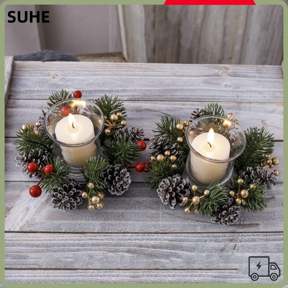 Suhe แหวนเทียนคริสต์มาส, ตกแต่งคริสต์มาสประดิษฐ์เชิงเทียนแหวน, พลาสติกขนาดเล็ก 20 ซม. พร้อม Pinecone และ Berry Xmas เทียนพวงหรีด