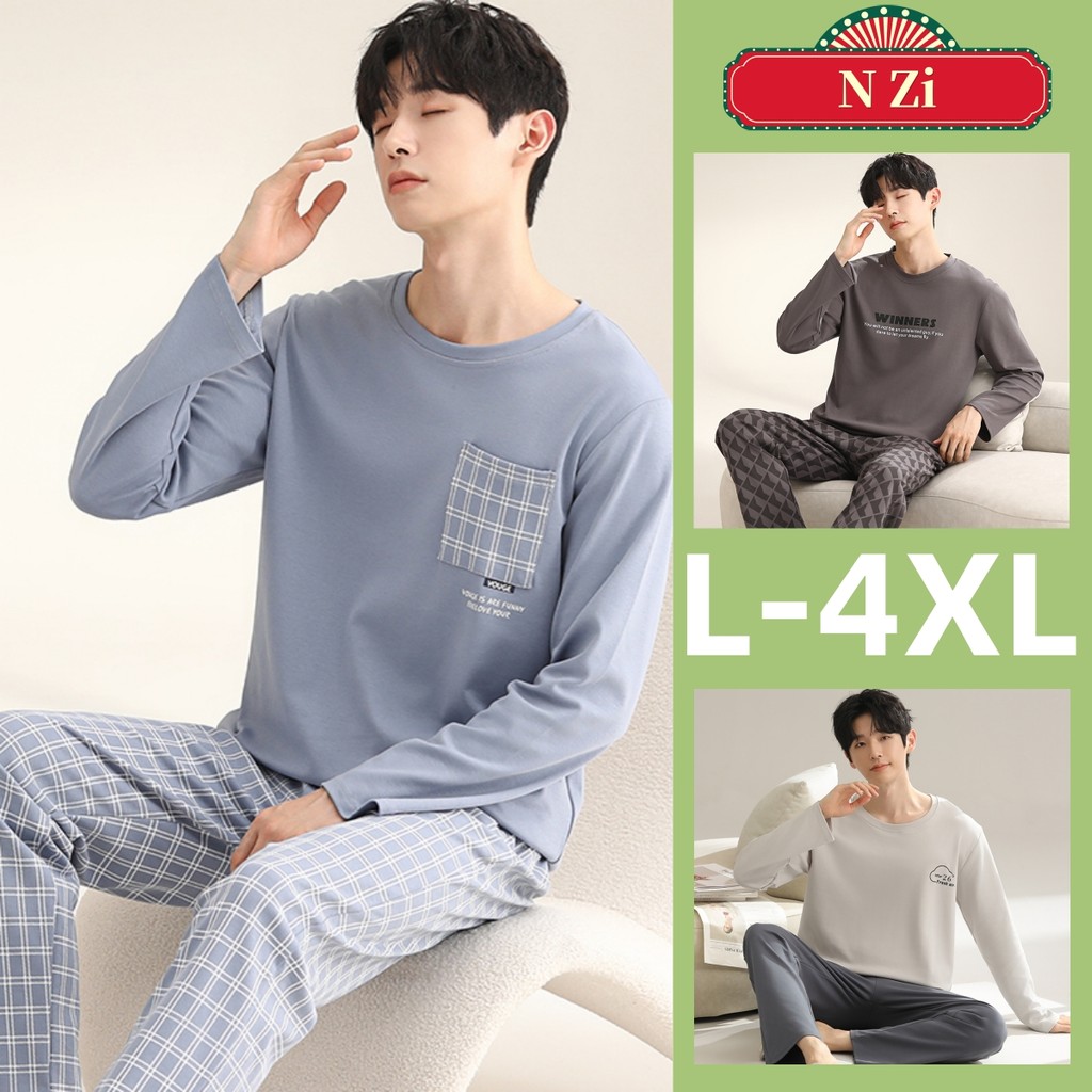 ชุดนอนผู้ชายผ้าฝ้าย แขนยาว หลวม สําหรับฤดูใบไม้ร่วง-ฤดูหนาว ไซส์ L-4XL