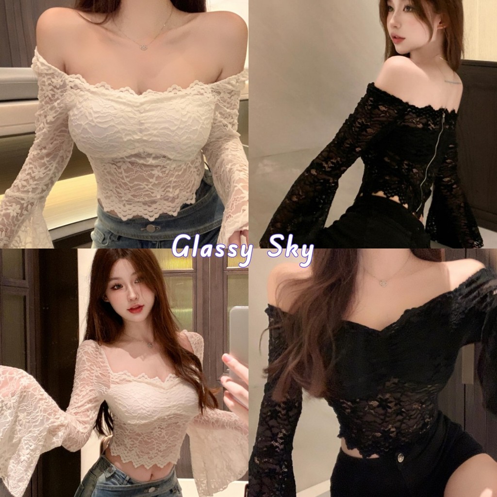 Glassy Sky💖พร้อมส่ง💖เสื้อแขนยาว มีฟองน้ำ เซ็กซี่บาๆ แต่งรูปไม้สีพื้นน่ารักคาวาอี้ เข้ารูป ใส่สบาย(FY9074)