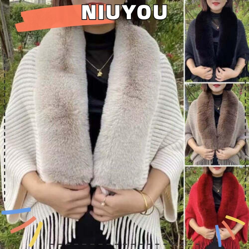 Niuyou ผู้หญิงถักผ้าคลุมไหล่ Faux Fur Collar คาร์ดิแกน Cape ฤดูหนาว Warm งานแต่งงาน