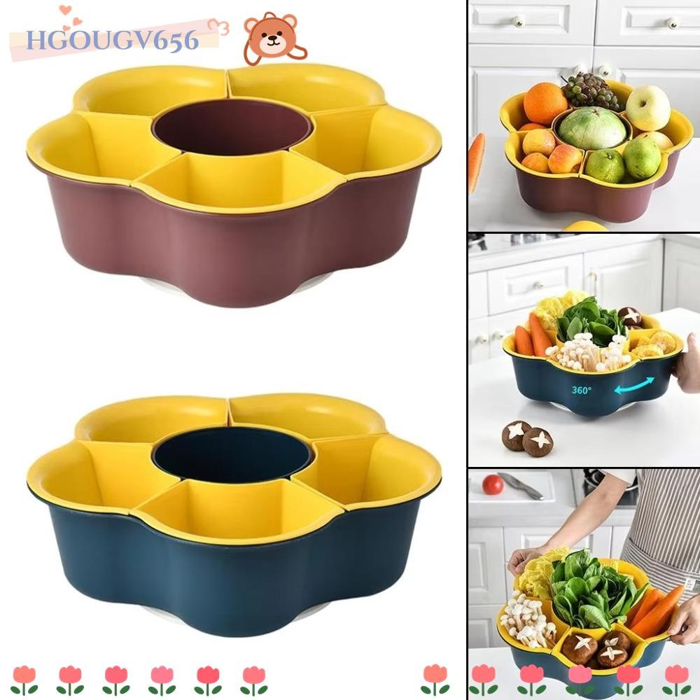 Hgougv656 หมุนตะกร้าผักหม้อร้อน, 7/9-grid แบ่ง Platter ผักซักผ้าท่อระบายน้ํา, Double-layer แบบพกพามัลติฟังก์ชั่ถาดเตรียมอาหาร