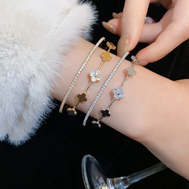 [Jewbeauty]Zircon เพชรดอกไม้คู่เปิดสร้อยข้อมือแสงหรูหราความรู้สึกคุณภาพสูงสร้อยข้อมืออารมณ์retro niche Courtสไตล์เครื่องประดับมือ