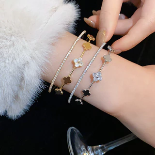 [Jewbeauty]Zircon เพชรดอกไม้คู่เปิดสร้อยข้อมือแสงหรูหราความรู้สึกคุณภาพสูงสร้อยข้อมืออารมณ์retro niche Courtสไตล์เครื่องประดับมือ