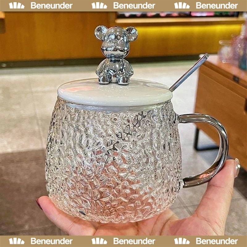 YTL แก้วฝาหมีชงกาแฟ 400ML รูปหมี พร้อมฝาปิด+ช้อน ถ้วยนม Bear glass