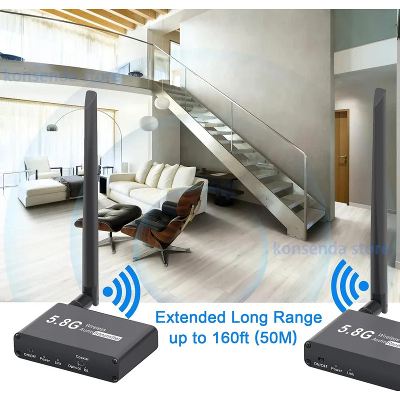 ตัวรับสัญญาณเสียงไร้สาย 5.8GHz ไร้สาย Coaxial Optical 3.5 มม. Audio Extender 50M สําหรับลําโพงทีวีเครื่องขยายเสียง Soundbar