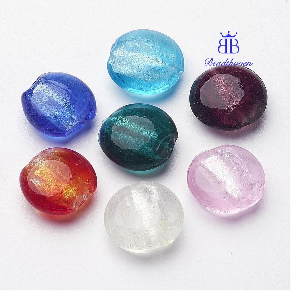 10-20ชิ้นทําด้วยมือเงินฟอยล์ลูกปัดแก้วแบนรอบผสมสีประมาณ20มิลลิเมตรเส้นผ่าศูนย์กลาง10มิลลิเมตรหลุมหนา: 2มิลลิเมตร