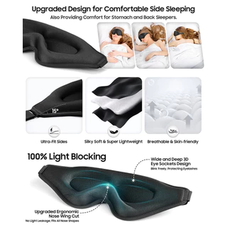 Kiprun 3D Eye Mask สําหรับนอนหลับ,หน่วยความจําโฟม Sleep Eye Mask, 100% Light Blocking Sleep Mask, Ergonomic Zero Eye Pressure Blindfold Eyepatch, Ultra Delicate Soft Skin Friendly Ey