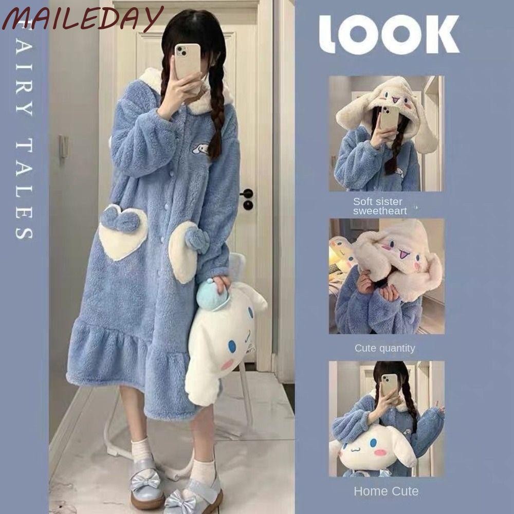 Maile เสื้อคลุมมีฮู้ด, ชุดนอนกันหนาวตุ๊กตา Cinnamoroll, ชุดนอนลายการ์ตูน Hello Kittys อบอุ่น