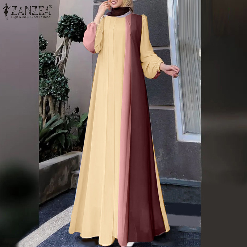 Zanzea ผู้หญิงมุสลิมลูกเรือคอ Contrast สีจีบแขนโคมไฟ Elasticized Cuffs Dresses