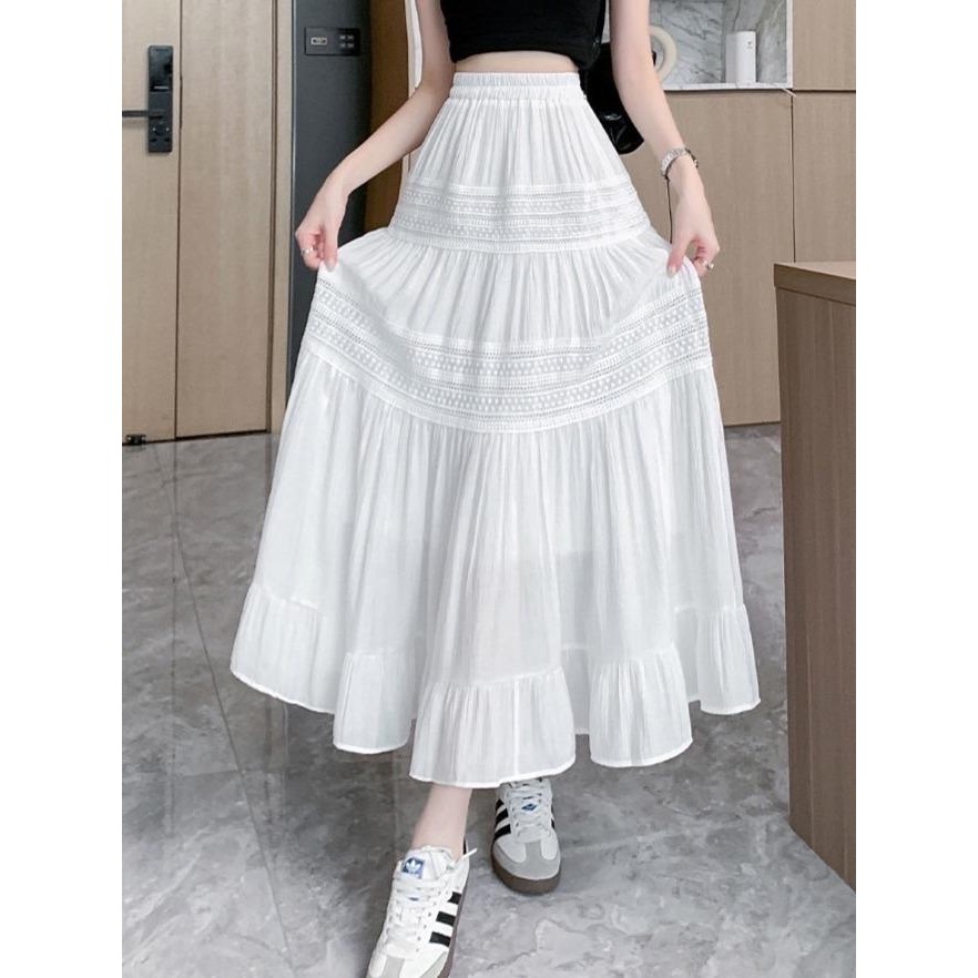 กระโปรงแฟชั่นทรงยาว ชายแต่งระบาย งานปักลูกไม้ เอวสูง มีซับใน สวยมากๆ 9122#