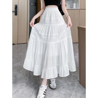 กระโปรงแฟชั่นทรงยาว ชายแต่งระบาย งานปักลูกไม้ เอวสูง มีซับใน…