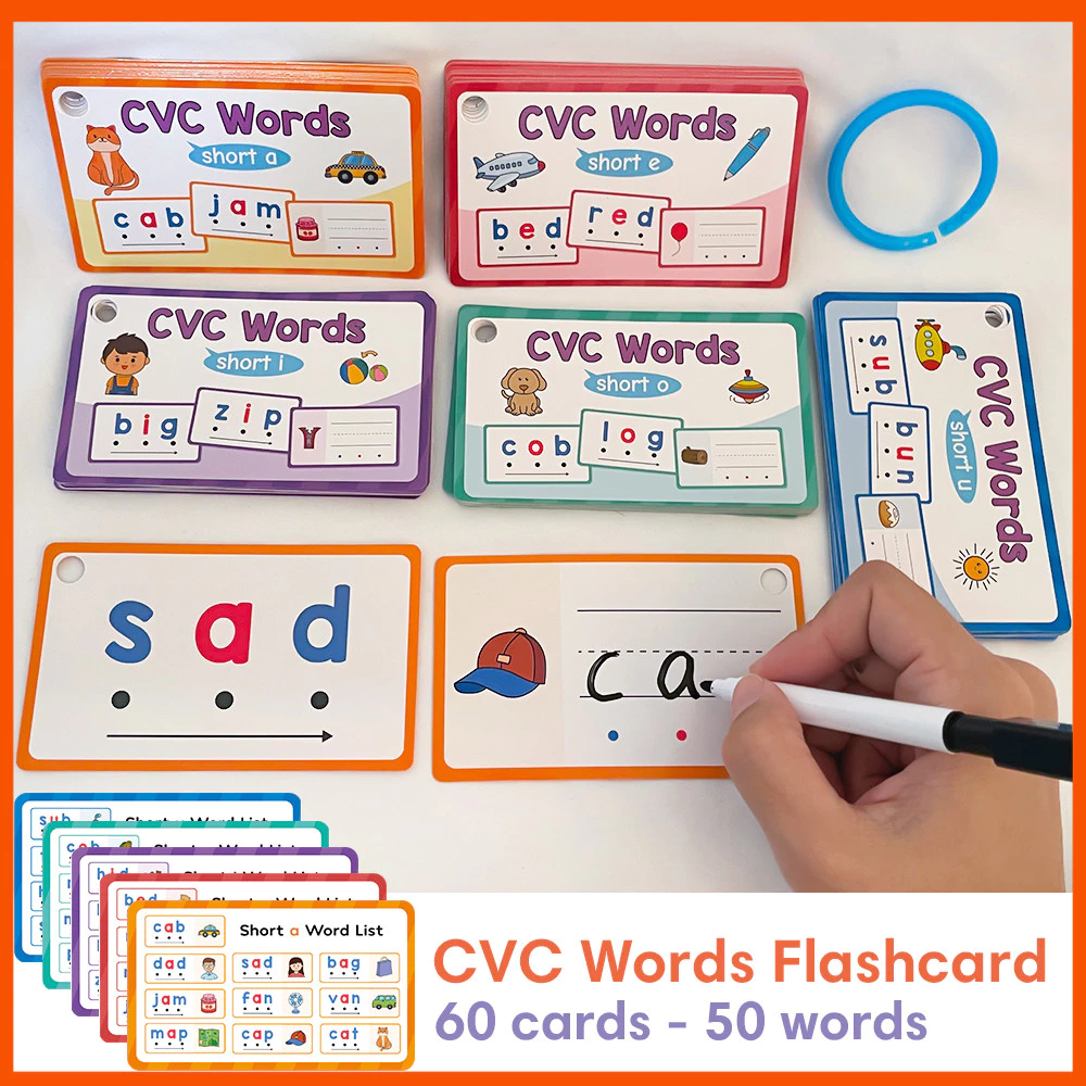 60 ชิ้นแห้งลบ CVC Words Flashcards 50 คําเด็ก Phonics การเรียนรู้การ์ดสั้น Vowels ก่อนวัยเรียนเด็กวัยหัดเดินคําศัพท์ภาษาอังกฤษอาคารการศึกษาการสอน Aids