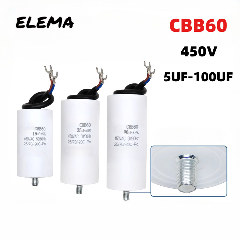 Cbb60 450V เริ่มต้นตัวเก็บประจุ Run Capacitor พร้อม Fixing Stud 5UF-100UF 18UF 25UF 40UF 50UF 80UF ส