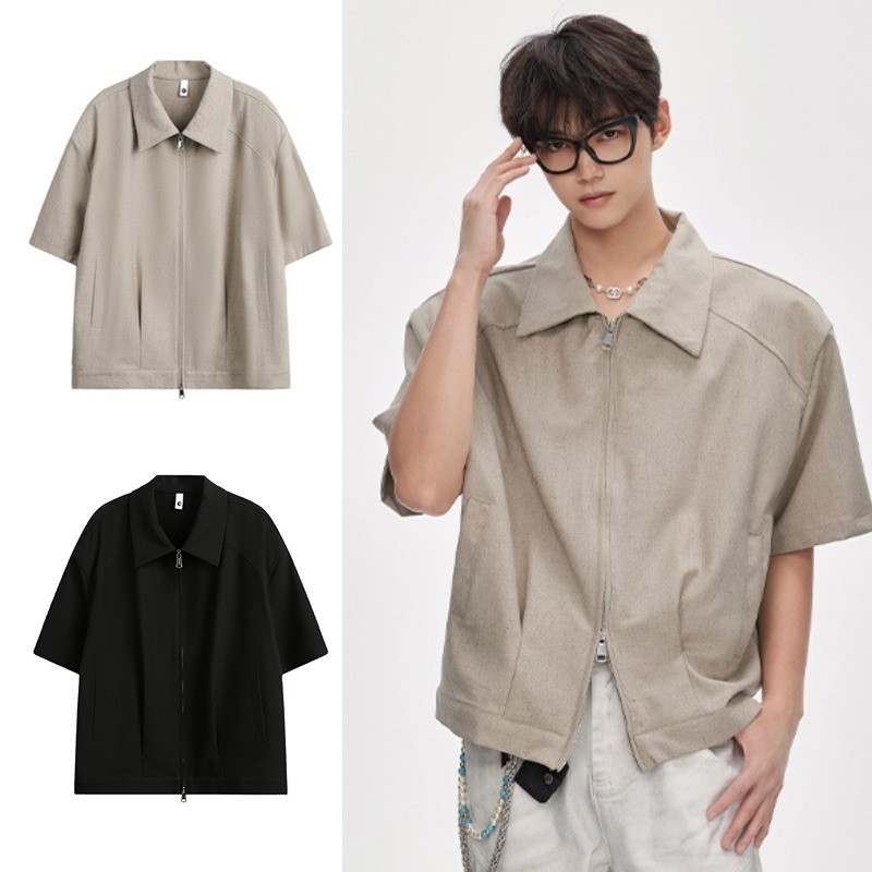SUIKONE ซุยโคเนะ อเมริกันย้อนยุคซิปคู่เสื้อแขนสั้นฤดูร้อนผู้ชายและผู้หญิงที่เรียบง่ายหลวมเสื้อสั้น