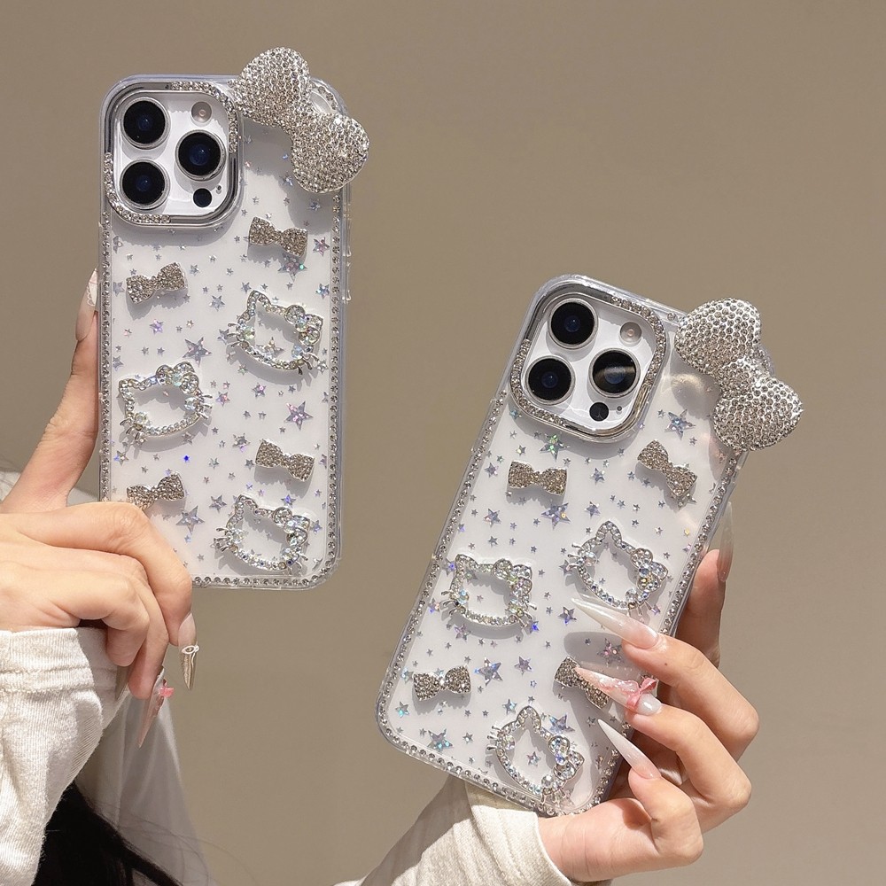 คิตตี้สตาร์สีชมพูประกายเหมาะสําหรับเคสโทรศัพท์ Apple 16Promax iPhone15/14/13/12/11 โบว์เพชร