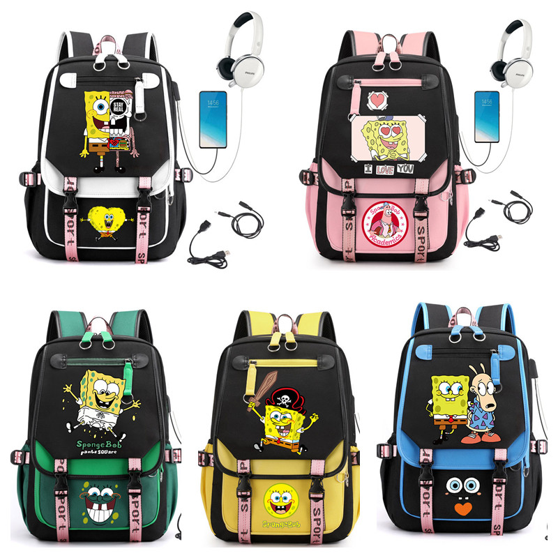 Anime SpongeBob Backpack Student School Bag Laptop Bagpack Travel Bag (อินเทอร์เฟซ USB และหูฟัง)